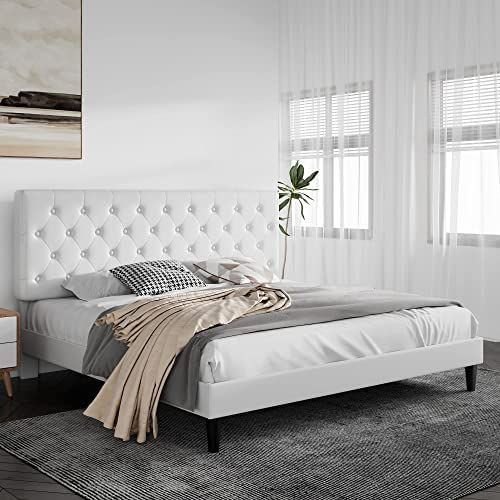 SHA CERLIN King Size Bed Frame with Button Tufted Headboard, Faux Leather Upholstered Mattress Fo... | Amazon (US)