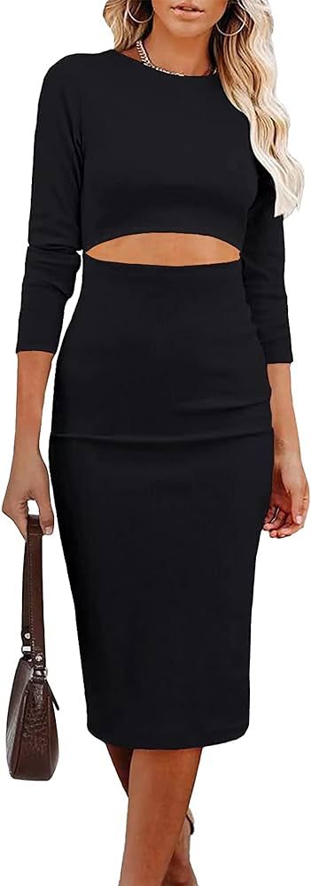 SHANZHEN Lady Four Seasons Round Neck Ribbed Slim Dress Tight Body Long Short Sleeve Hollow Dress... | Amazon (US)