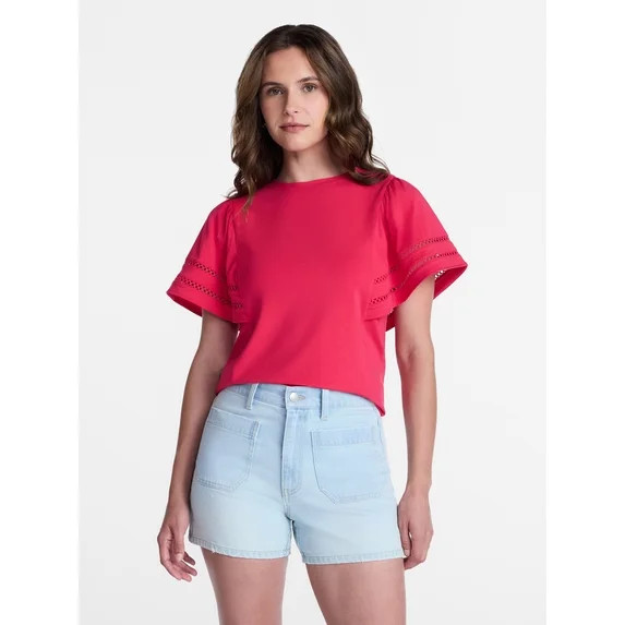 Time and Tru Women’s Crewneck Top with Lace Inset Flounce Sleeves, Sizes XS-XXXL | Walmart (US)
