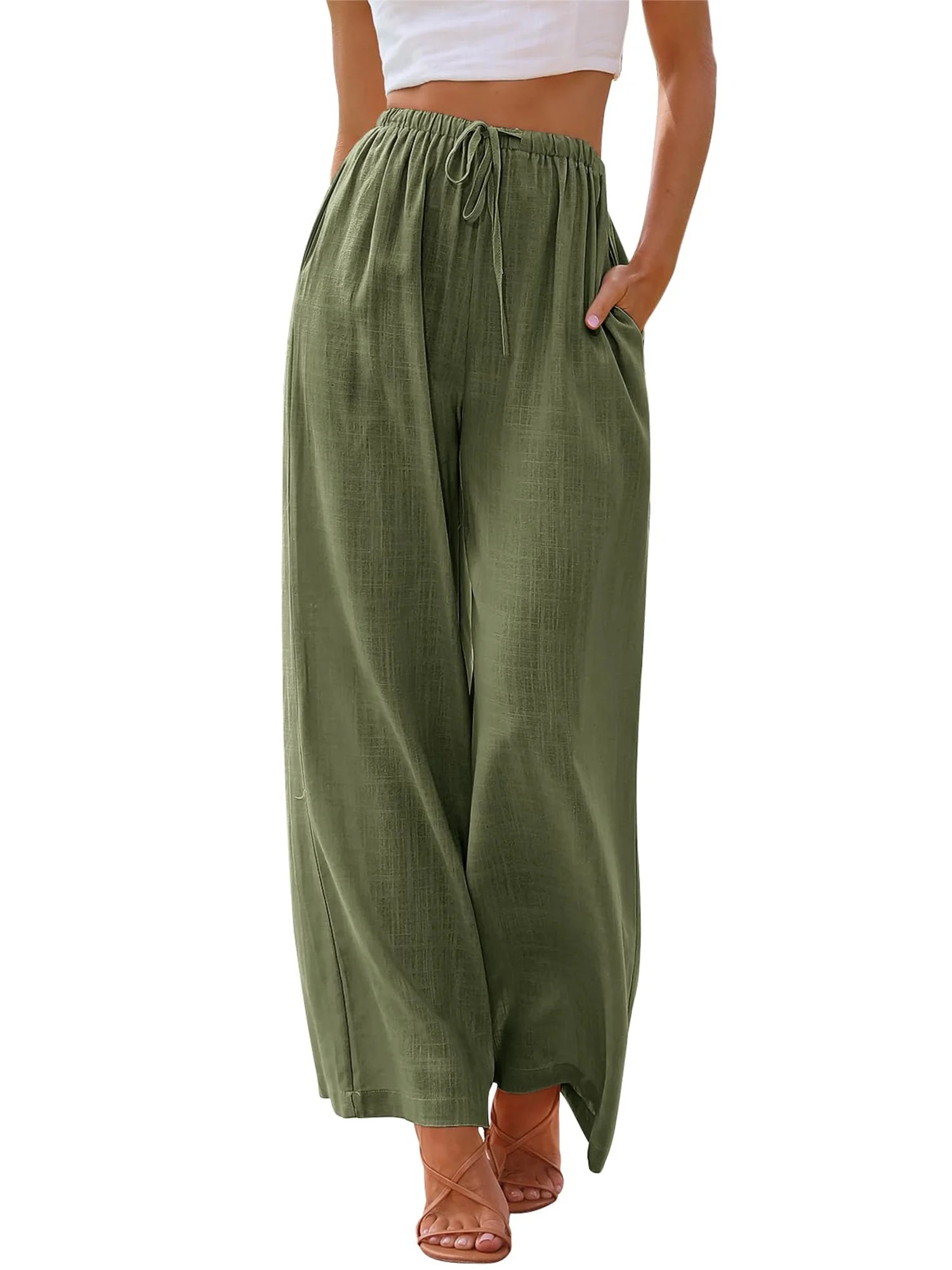 TEMOFON Pants for Women Wide Leg Linen Pant Palazzo Summer Casual Flowy Pants with Pocket Army Gr... | Walmart (US)