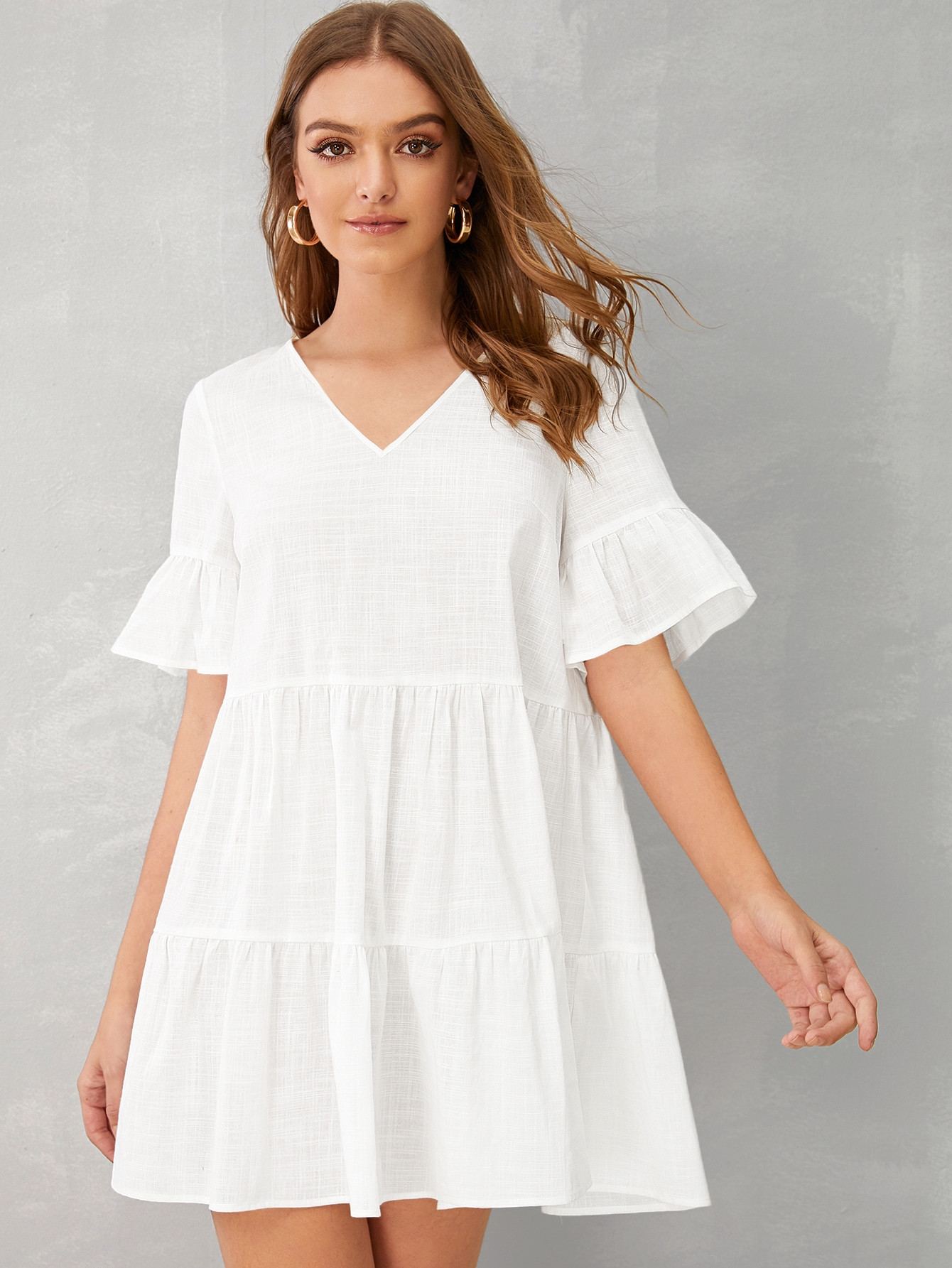 SHEIN V-neck Layered Ruffle Hem Babydoll Dress | SHEIN