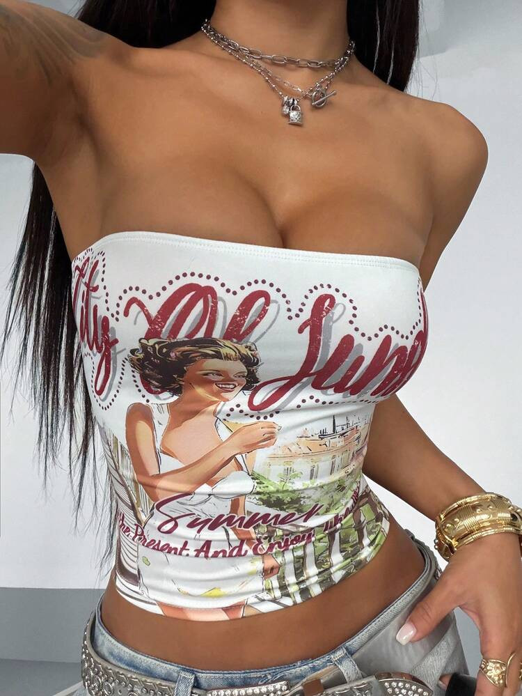 StreetHx Women's Fashionable Sexy Black People Street Graffiti Print Tube Top | SHEIN
