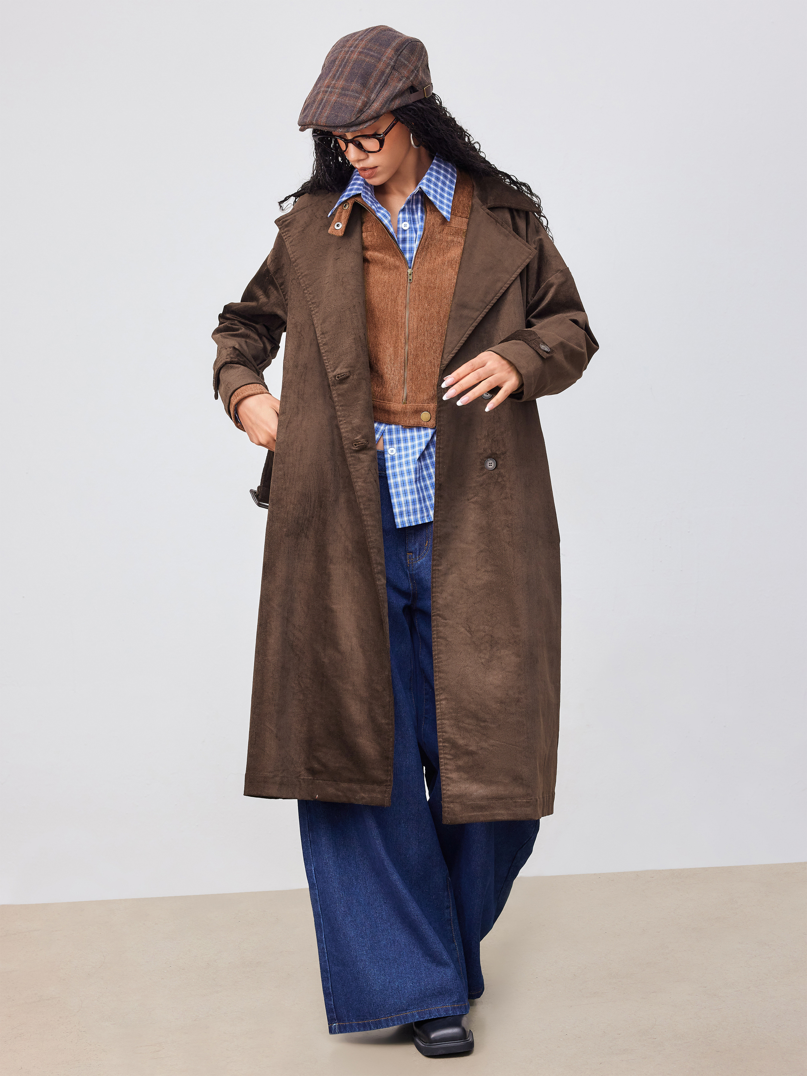 Suede Notched Collar Pocket Oversized Trench Coat With Belt For School | Cider