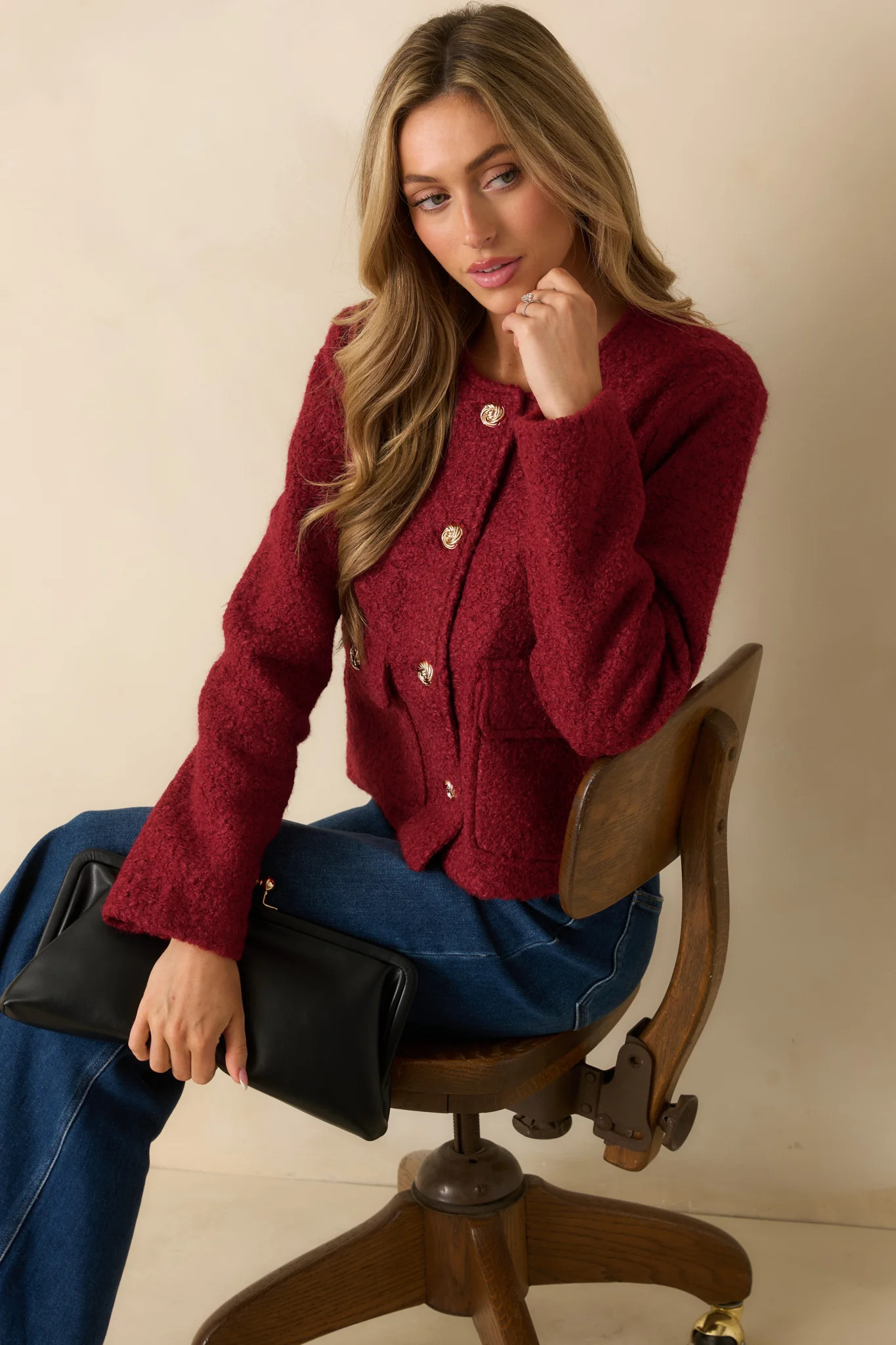 Whispered Warmth Cherry Red Bouclé Button Front Jacket | Red Dress