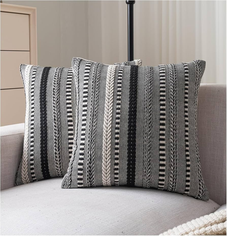 Boho Throw Pillow Covers 18x18 Inch Set of 2, Farmhouse Decorative Couch Pillow Cases, Black Acce... | Amazon (US)