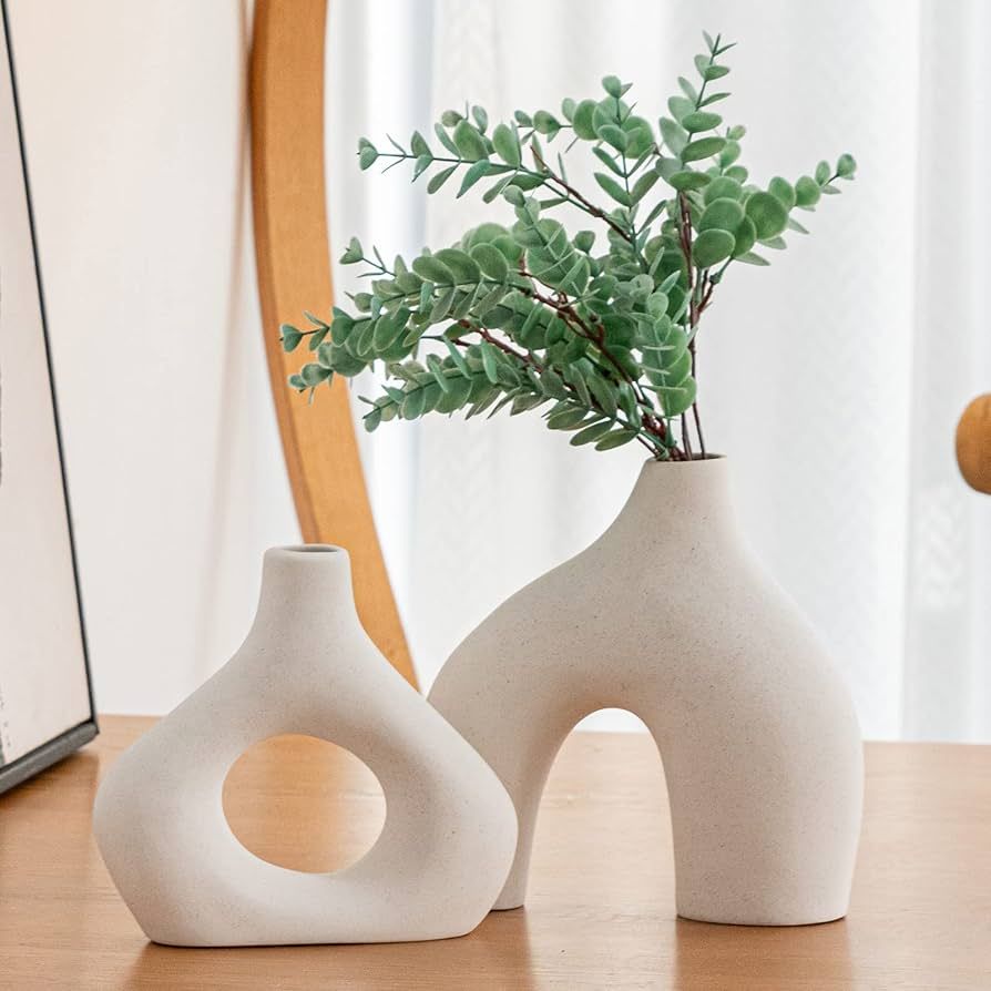 Amazon.com: White Ceramic Vase Set of 2 for Modern Home Decor, Round Matte Donut Vases for Pampas... | Amazon (US)