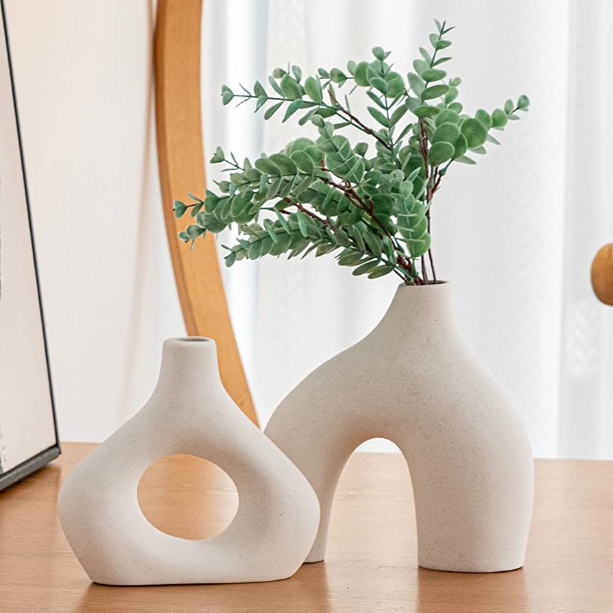 White Ceramic Vase Set of 2 for Modern Home Decor, Round Matte Donut Vases for Pampas Grass, Neut... | Amazon (US)