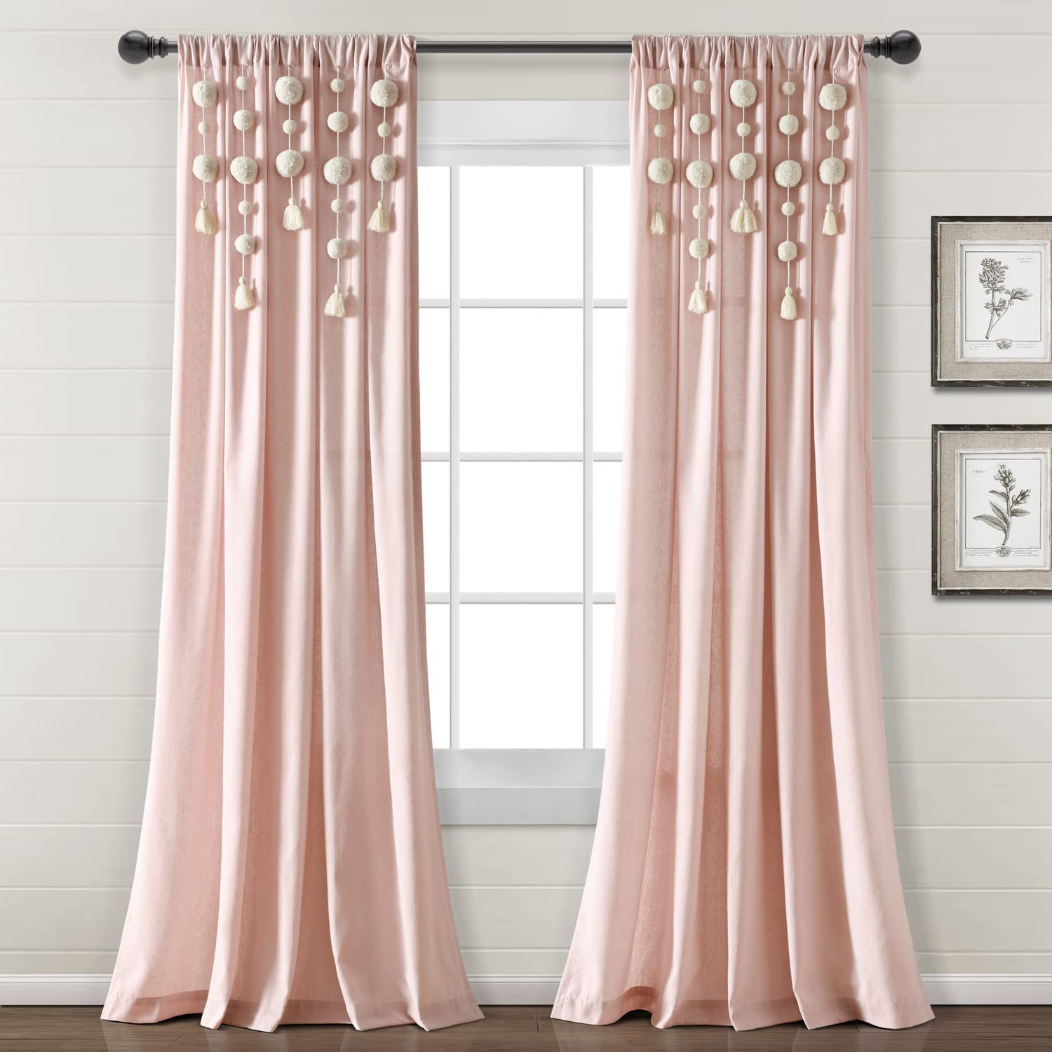 Lush Decor Boho Pom Pom Tassel Linen Window Curtain Panel (Single Panel), 84" L x 52" W, Blush | Amazon (US)