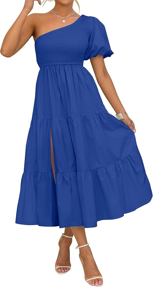 ZESICA Women's 2024 Boho Summer One Shoulder Short Sleeve Smocked Side Split Ruffle Swing Midi Dr... | Amazon (US)
