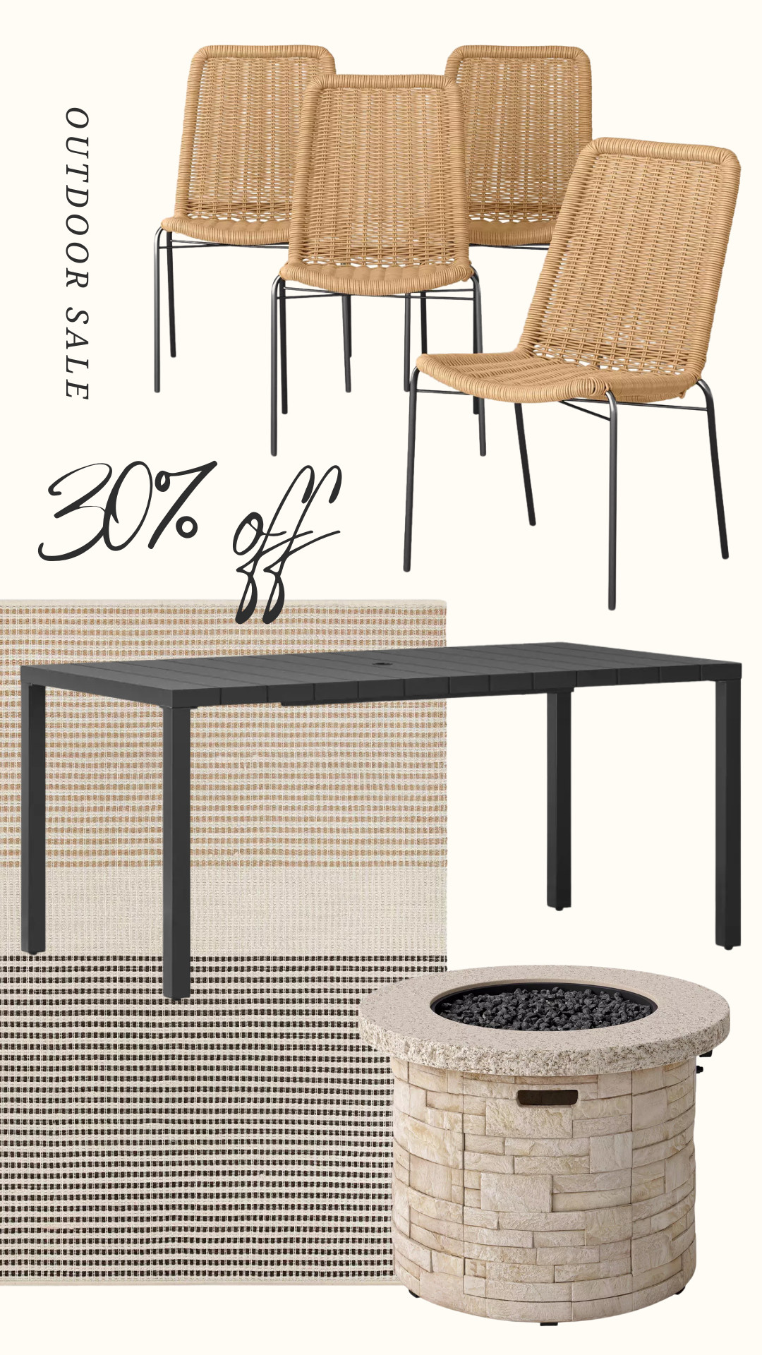 Outdoor sale! Affordable outdoor dining table, fire pit, outdoor chairs, and outdoor rug. 

 #LTKSeasonal #LTKHome #LTKSaleAlert