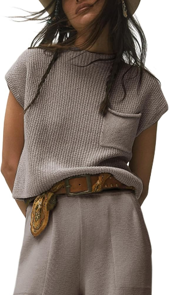 UANEO Sweater Vest Women Mock Neck Casual Cropped Knit Pullover Cap Sleeve Sweater for Women Top ... | Amazon (US)