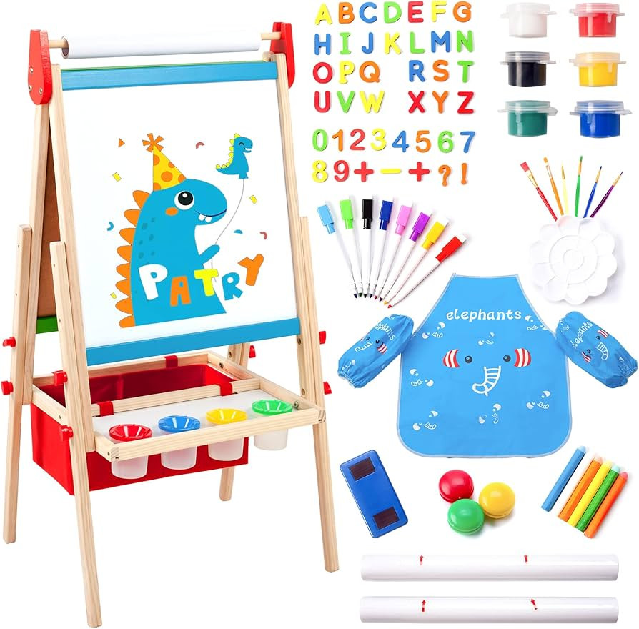 Kids Easel Including 100+ Accessories, Double Sided Wooden Easel for Kids -Magnetic Chalkboard &P... | Amazon (US)