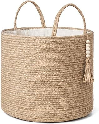 Amazon.com: Mkono Decorative Woven Storage Basket Natural Jute Rope Basket Wooden Bead Decoration... | Amazon (US)