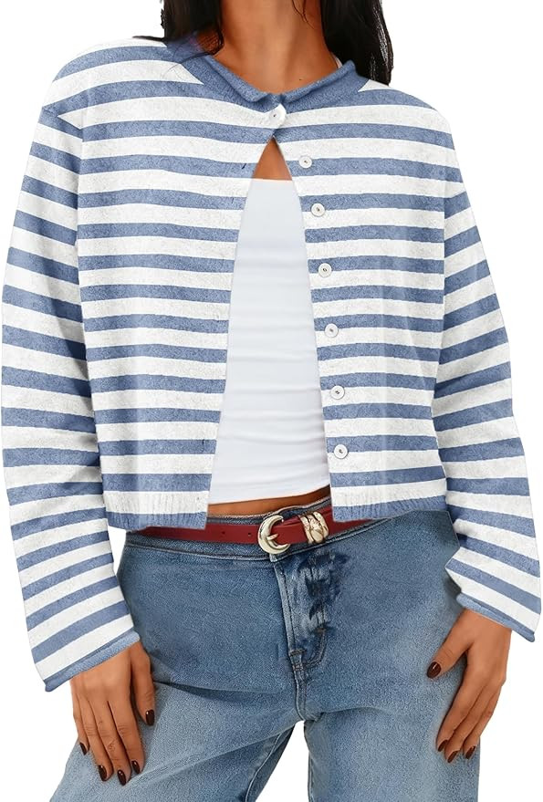 AKEWEI Cropped Cardigan Sweaters for Women Crewneck Long Sleeve Button Down Open Front Tops | Amazon (US)