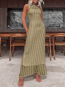 Saodimallsu Womens Crochet Sleeveless Tank Dress Sheer Mesh Maxi Dresses Crewneck Summer Beach Co... | Amazon (US)