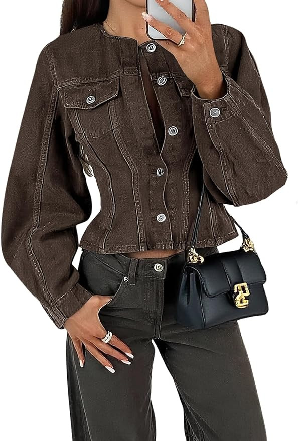 Tankaneo Womens Cropped Jean Jacket Trendy Crewneck Button Down Short Denim Jacket Y2k Slim Fit C... | Amazon (US)