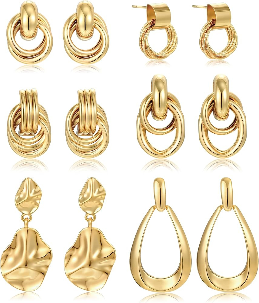 6 Pairs Chunky Gold Earrings for Women Gold Plated Knot Earrings Trendy Statement Drop Dangle Tea... | Amazon (US)