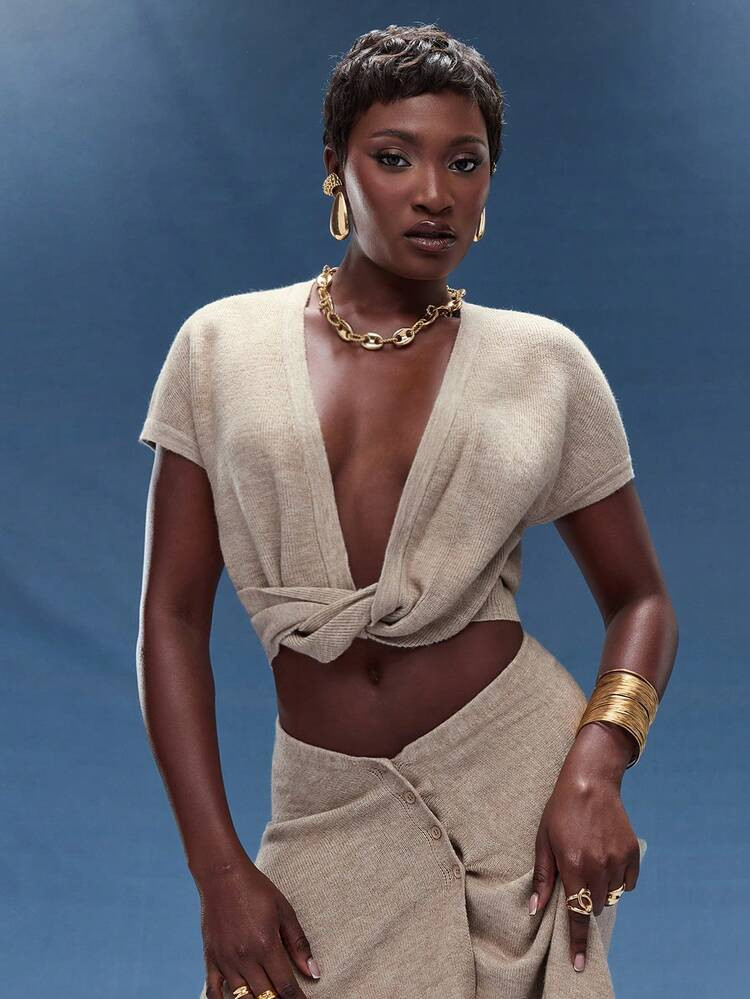 Normani Twist Front Plunge Neck Sweater Top, Fashionable, Sexy Sweater, Sexy Top, For Fall And Wi... | SHEIN