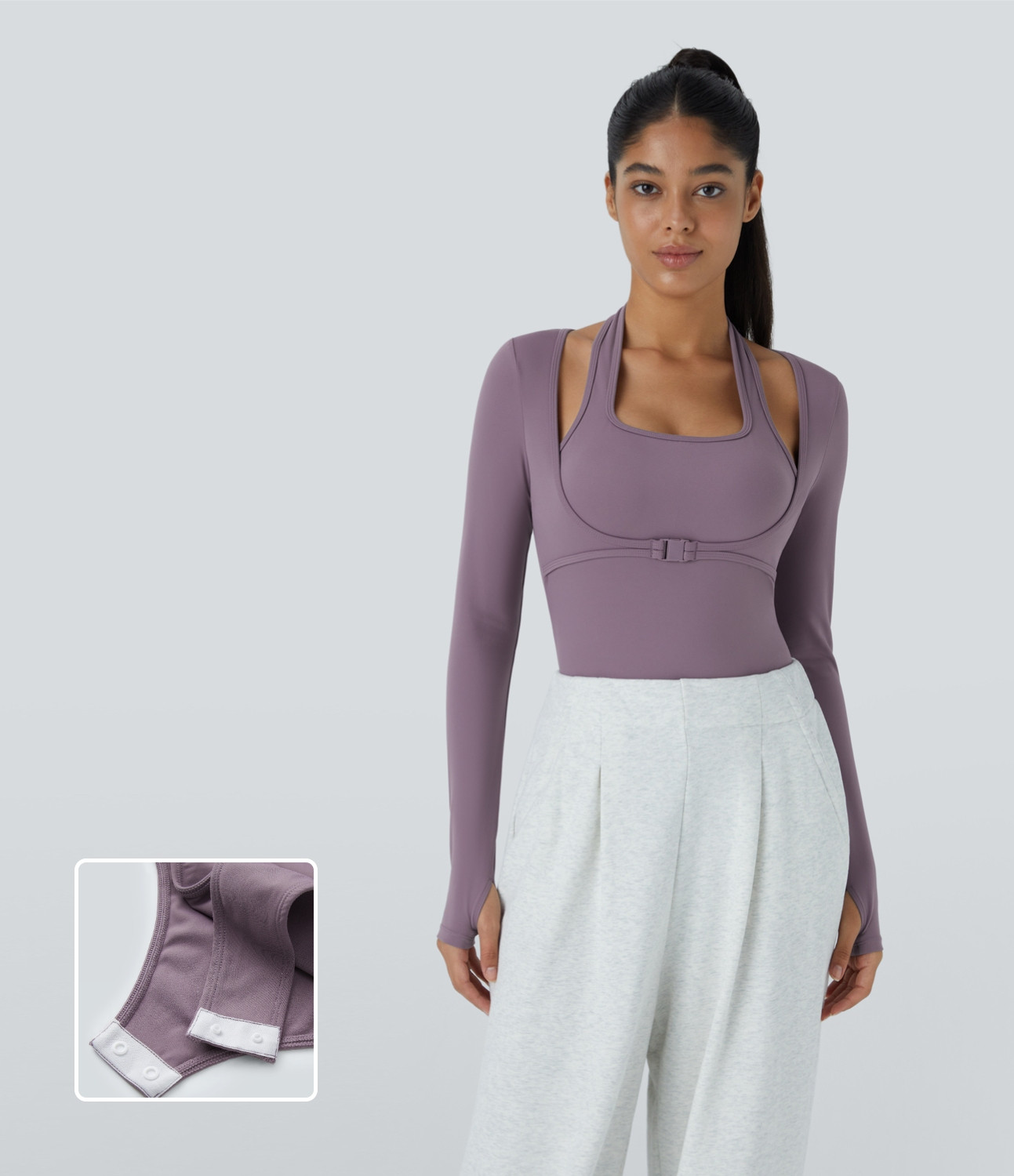 Halara Softlyzero™ Plush Halter Thumb Hole 2-in-1 Yoga Bodysuit - Tulip Purple - XS | HALARA