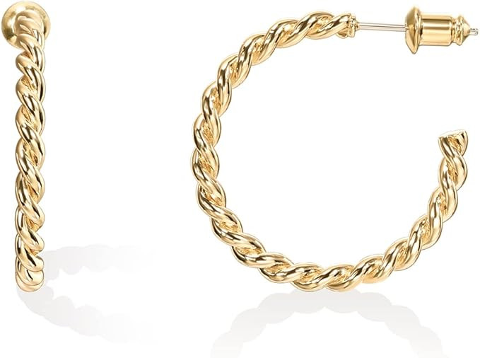 PAVOI 14K Gold Plated 2.5mm Twisted Rope Round Hoop Earrings in Rose Gold, White Gold and Yellow ... | Amazon (US)