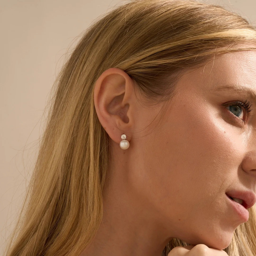 Sterling Silver Pearl Stud Earrings, Dainty CZ Diamond Earrings, Minimalist Earrings, Bridal Earr... | Etsy (US)