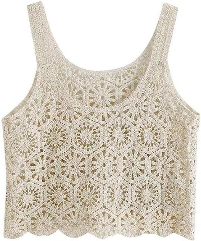 Diarypiece Women Crochet Cropped Tank Tops, Boho Hollow Out Floral Pattern Camisole Sleeveless Co... | Amazon (US)