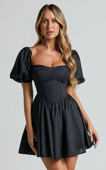 Souza Mini Dress - Fit and Flare Puff Sleeve Corset Dress in Black | Showpo (US, UK & Europe)