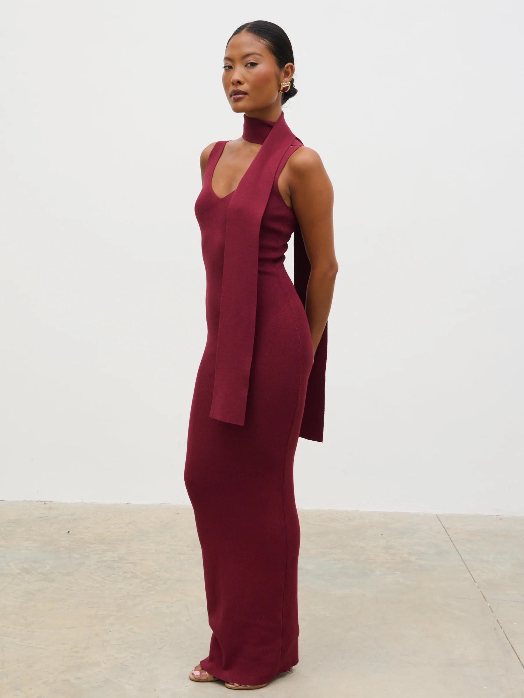 Arabella Knit Maxi Dress with Neck Tie - Wine | Pretty Lavish (UK)