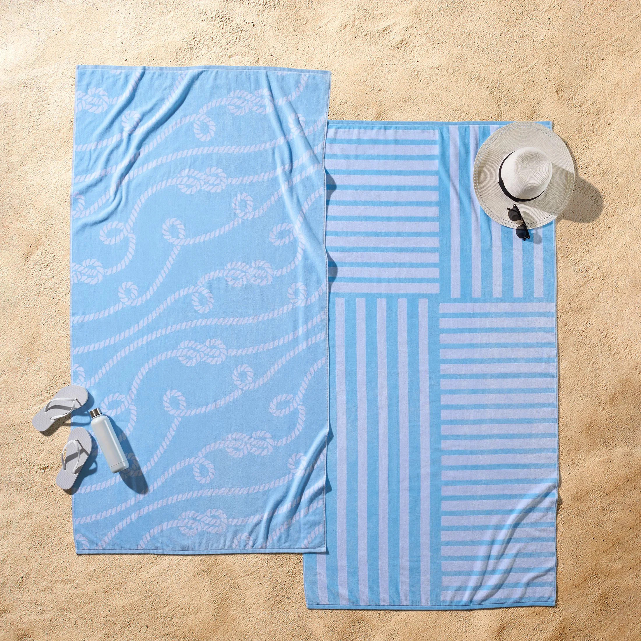 Better Homes & Gardens 2 Pack Cotton Blend Beach Towels, 72 x 38 in, Light Blue Rope | Walmart (US)