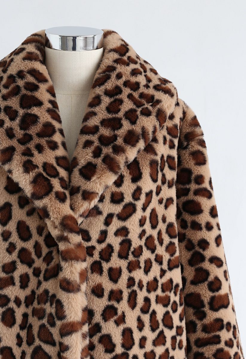 Brown Leopard Faux Fur Longline Coat with Collar | Chicwish