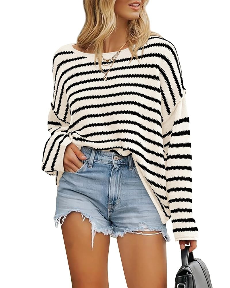 BTFBM Women's Striped Knit Sweaters 2025 Spring Fall Boat Neck Off Shoulder Long Sleeve Oversized... | Amazon (US)