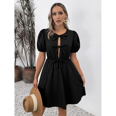 Spring Dress for Women Tie Front Midi Dress Puff Sleeve Elastic Waist A Line Babydoll Dress,black,Large | Target