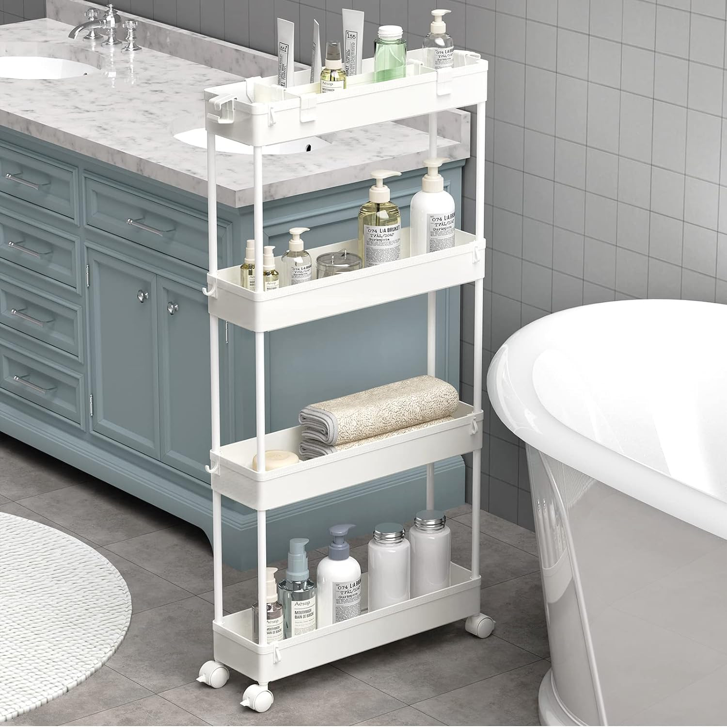 Slim Storage Cart 4 Tier,Bathroom Organizer Rolling Utility, Mobile Shelving Unit Slide Out for Office, Kitchen, Laundry Room & Narrow Places,White | Amazon (US)