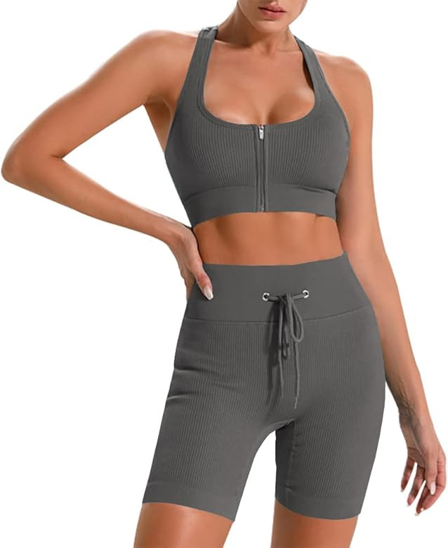 Workout Set Two Piece For Women Zipper Sports Bra Outfit High Waist Drawstring Leggings Seamless ... | Amazon (US)