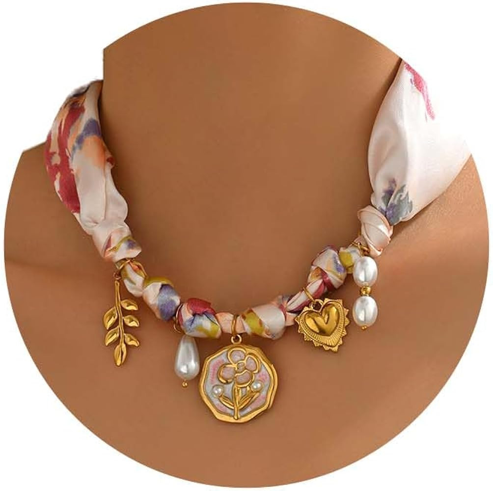 18K Gold Plated Silk Scarf Necklace for Women, Bandana Necklace with Stainless Steel Charms Choke... | Amazon (US)