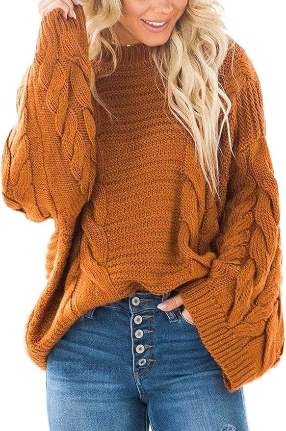 Sidefeel Women Crewneck Batwing Sleeve Cable Knit Pullover Chunky Oversized Sweater | Amazon (US)