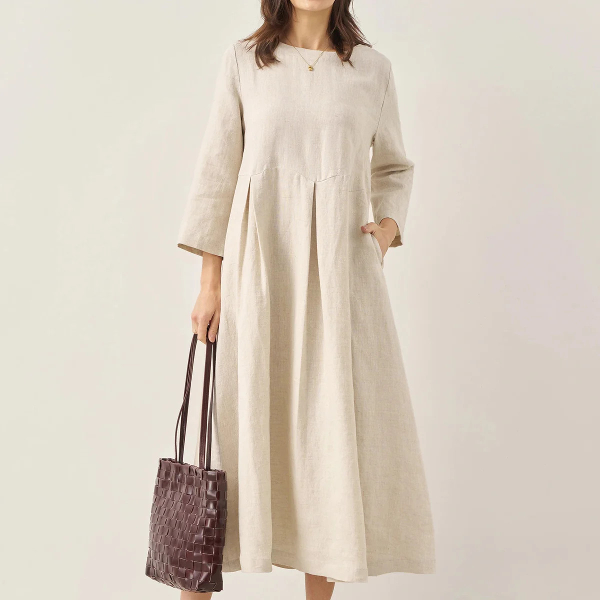 100% Linen Bateau Neck Pleated Midi Dress ABIGAIL | LINTICO