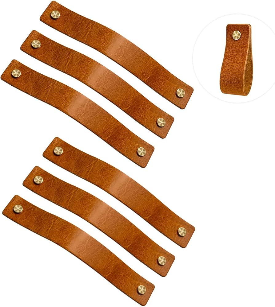 Leather Drawer Pulls, 6 Pack Brown Cabinet Handles for Cupboards Wardrobe Dresser, Anti-Collision... | Amazon (US)