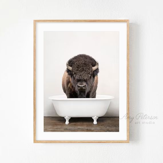 Bison Bathtub, Buffalo Taking a Bath, Bathroom Art, Bison Bathing, Whimsy Animal, Funny Bathroom ... | Etsy (US)