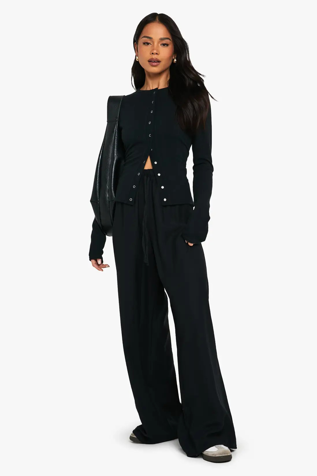 Black Drawstring Waist Wide Leg Floaty Trouser | Boohoo | Boohoo.com (UK & IE)