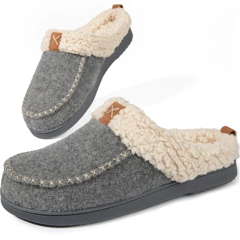 LongBay Women's Wool Felt Sherpa Memory Foam Fuzzy Slippers with Plush Fleece Lining Slip on Moc ... | Walmart (US)