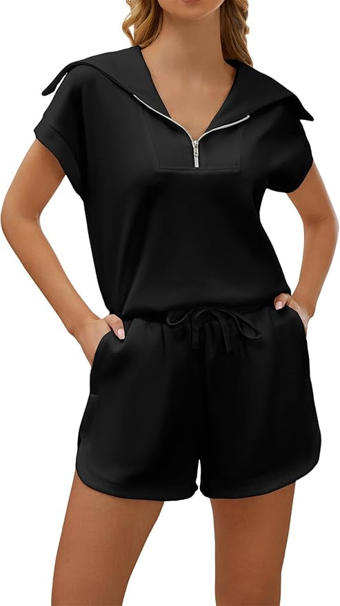 SAFRISIOR Women 2 Piece Sweatsuits Set Half Zip Short Sleeve Tracksuits Sweat Suit Shorts Set 202... | Amazon (US)