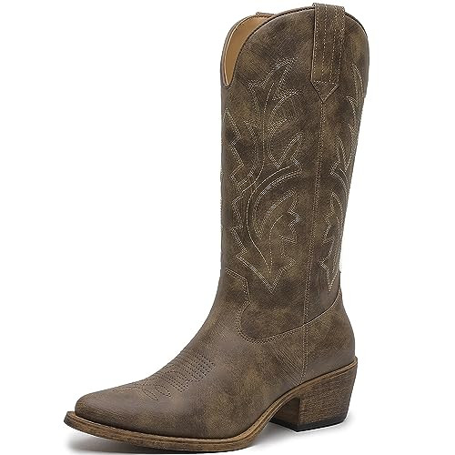 GLOBALWIN Brown Cowboy Boots For Women Western Boots Embroidered Mid Calf Knee High Cowgirl Boots Size 6.5M | Amazon (US)