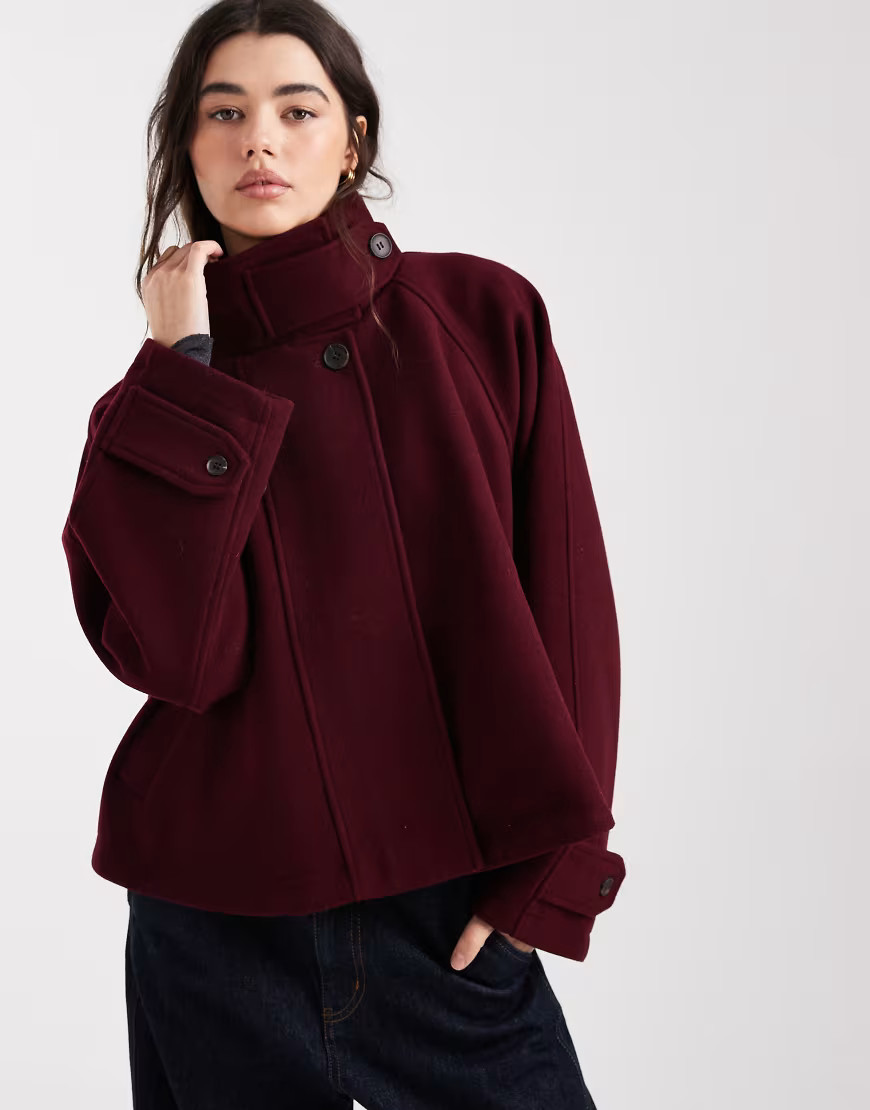 ASOS DESIGN cropped cape formal coat in burgundy-Red | ASOS (Global)