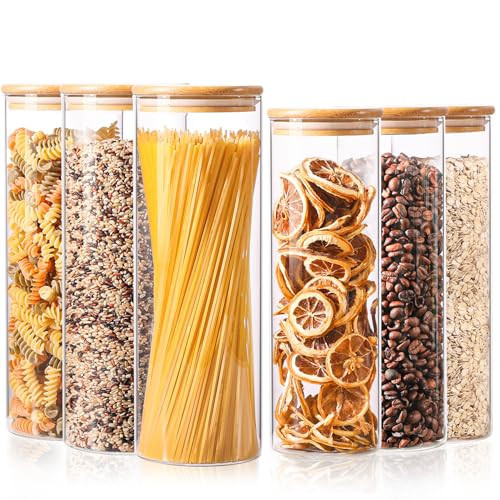 ComSaf Glass Food Storage Jars Set of 6, Tall Glass Storage Containers with Lids, Spaghetti Jar, Canisters Set for the kitchen, Pasta, Flour, Nuts, Oat, Coffee and Sugar Container, Pantry Organization | Amazon (US)