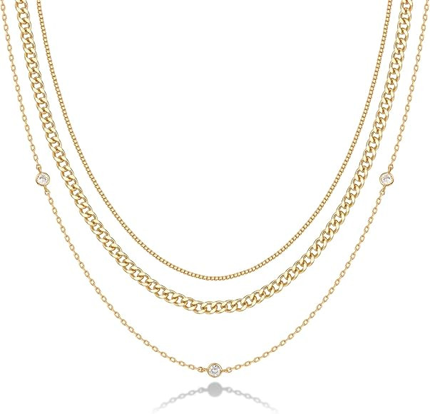 14K Gold Plated Dainty Layering Necklaces for Women | Snake Chain, Curb Link, Paperclip Layered C... | Amazon (US)