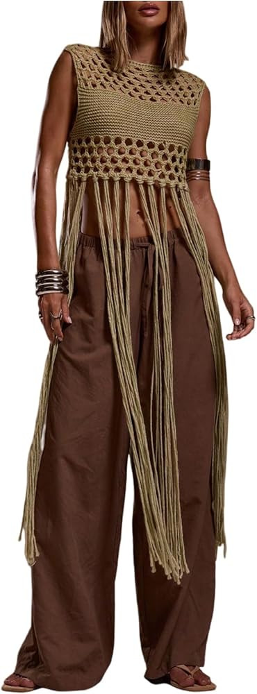 Floerns Women's Hollow Out Pullover Sweater Sleeveless Fringe Trim Knit Crochet Top | Amazon (US)