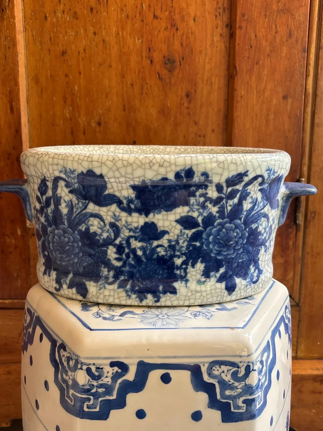 Vintage 10" Wide Crackle Oval Blue/White Ceramic Floral Chinoiserie Handled planter Decorative Bo... | Etsy (US)