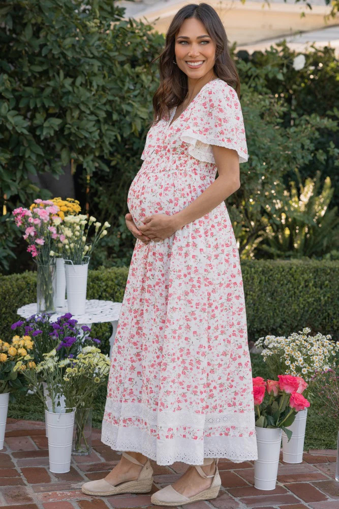 Pink Floral Lace Trim Flutter Sleeve Maternity Maxi Dress | PinkBlush Maternity