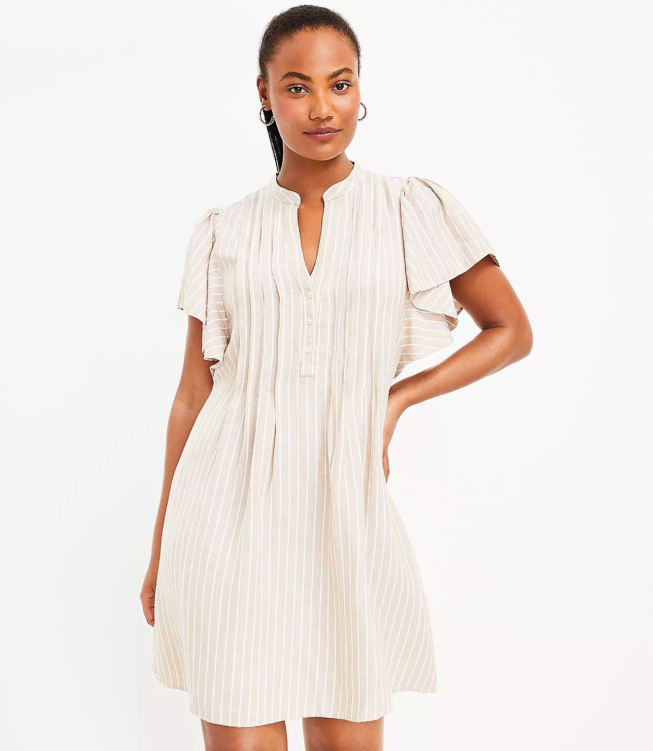 Striped Pleated Ruffle Sleeve Swing Dress | LOFT